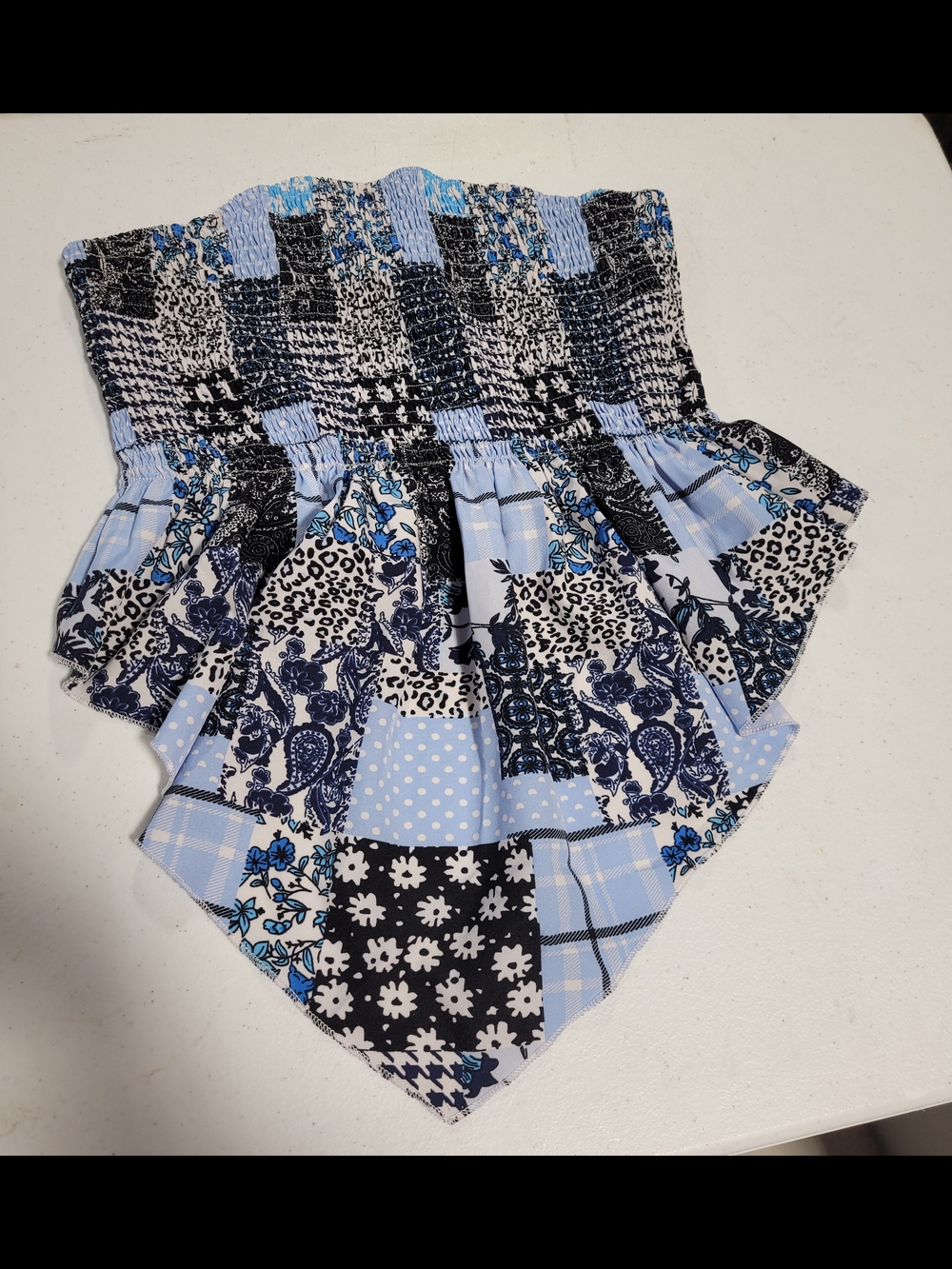 Patchwork Blue Smocked Tube Top